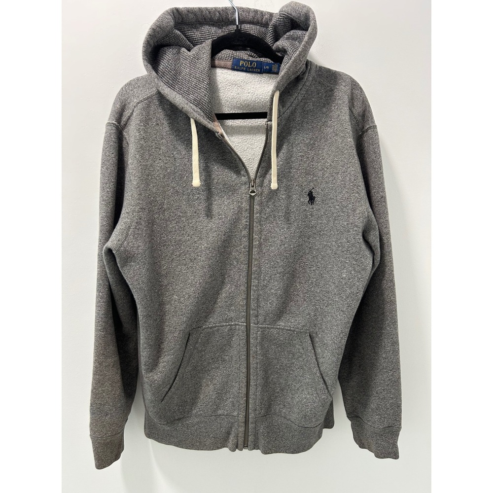 Polo Ralph Lauren Gray Full Zip Fleece Hoodie Waffle Lined Sweatshirt Large